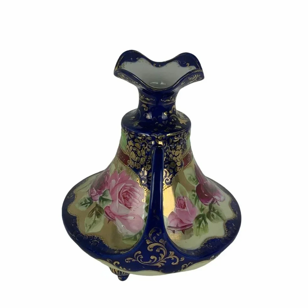 Vintage Handpainted Squat Vase Handles Cobalt Blue Floral Roses Gilded Victorian